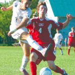 TOO LATE TO STOP STEFAN â€” With a Gray-New Gloucester defender closing in, Fryeburg Academyâ€™s Stefan Sjekloca manages to get a shot off. Sjekloca scored a goal on Monday to lead the Raiders to a 2-0 win over Poland to improve to 2-1. (Rivet Photo)